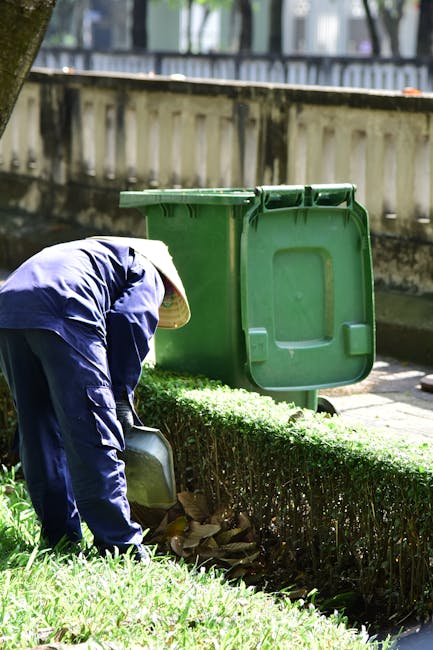 A person dressed in dark gardening clothes, wearing a beige sun hat, is bending over near a neatly trimmed hedge, collecting garden waste such as fallen leaves and small debris. The individual is positioned on a paved surface adjacent to a green waste bin with its lid open, revealing an empty interior. Behind the bin, there is a wooden fence with vertical slats, and beyond that, a line of trees with slender trunks and green foliage can be seen in the background, suggesting an outdoor residential or community garden setting. The scene is illuminated by natural daylight, casting subtle shadows on the grass and pavement, reflecting careful, routine waste or garden clearance activity. This context may imply the use of private or independent collection services like Rubbish Clearance Enfield for garden waste removal and on-site clearance, typical of alternative waste handling methods outside local authority disposal. The textures of the hedge, the smooth plastic of the bin, and the paving are clearly visible, offering an accurate visual representation of typical garden waste management in a suburban environment.