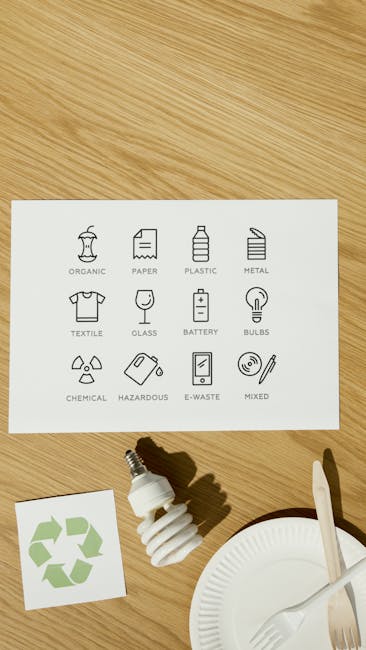 A white printed sheet displaying icons for various waste categories such as organic, paper, plastic, metal, textiles, glass, batteries, bulbs, chemical, hazardous waste, e-waste, and mixed waste, arranged in a grid format on a light wooden surface. To the left of the sheet lies a small square card with the recycling symbol, partially visible. Below the sheet, there is a compact fluorescent lightbulb, which is twisted into a spiral shape, positioned next to a white disposable paper plate with a white disposable wooden fork resting on it. The scene is well-lit with natural or soft lighting that highlights the texture of the wooden surface, and the objects are arranged neatly in a clean, organized manner, suggesting a context related to waste sorting, recycling, or disposal topics often associated with rubbish removal services such as those provided by Rubbish Clearance Enfield, particularly focusing on independent waste handling options.